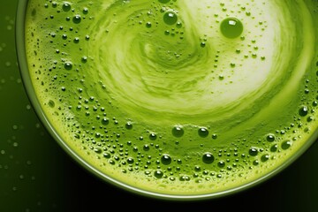 Matcha latte, velvety texture and rich color. The fine bubbles on the surface