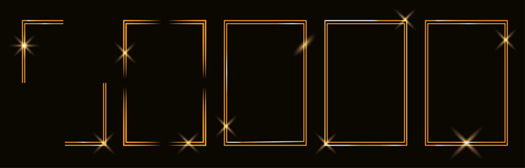 Gold shiny glowing frames set isolated on black background. Luxury realistic sqare borders collection.