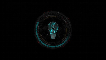 Wall Mural - motion graphic of blue digital lamp logo and circle futuristic hud elements with lightbulb and ideas