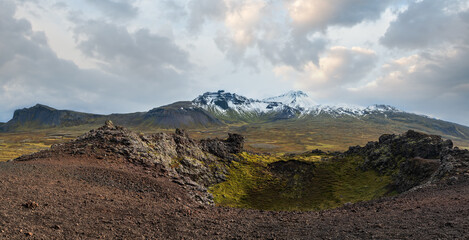 Canvas Print - Spectacular volcanic view from Saxholl Crater, Snaefellsnes peninsula, West Iceland. Snaefellsjokull snowy volcano top in far.