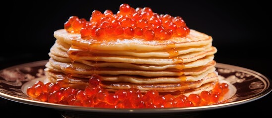 Wall Mural - Home-cooked salty snack for Shrovetide: pancakes and red caviar.