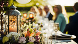 Fototapeta  - Wedding guests celebrating at a beautiful outdoor venue on a sunny day, luxury wedding decoration idea and decor inspiration with flowers, party event celebration at the garden estate. Generative Ai