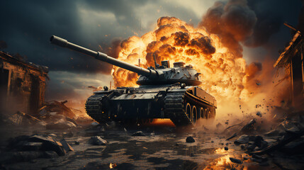 Wall Mural - Modern Battle Tank With A Big Explosion in The Background 