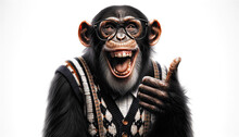 Chimpanzee Laughing Out Loud And Showing Thumb Up. Funny Nerdy Chimp Giving Thumbs Up.