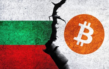 Wall Mural - Bitcoin and Bulgaria flag on a wall with a crack. Bulgaria Bitcoin banned, not legal, stack, illegal, blockchain technology for crypto currency concept