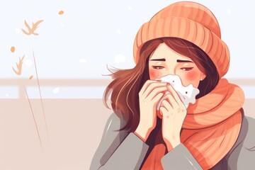 Canvas Print - A woman is blowing her nose while wearing a hat and scarf. This image can be used to illustrate seasonal allergies or cold and flu symptoms