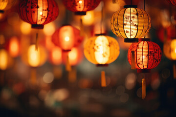 Photo of Chinese paper lanterns, dark yellow and light red, with space for text, Chinese New Year