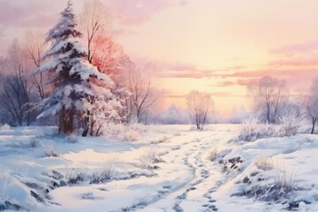 Sticker - A painting of a snowy landscape with trees. Suitable for winter-themed projects