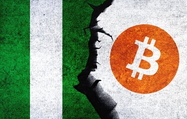 Wall Mural - Bitcoin and Nigeria flag on a wall with a crack. Nigeria Bitcoin banned, not legal, stack, illegal, blockchain technology for crypto currency concept