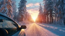 A Car Driving Down A Snow-covered Road. Suitable For Winter Driving Or Scenic Road Trip Concepts