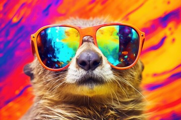 Sticker - Close up of an otter wearing sunglasses. Perfect for summer-themed designs and animal lover projects