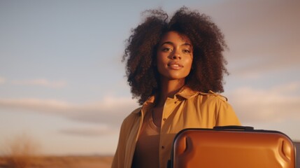 Sticker - A woman stands in a field, holding a suitcase. This versatile image can be used to represent travel, relocation, adventure, or new beginnings