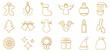 Christmas holidays gold icon collection, Golden New Year's Eve set icons, wreath, bells, gingerbread, Santa Claus, christmas tree, angel, snowman, stars, candle, snowflake, deer, gift, ball