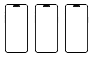 Poster - Smartphone phone set on white background isolated. 3 modern mobile phones. 3D mobile phone with empty screens. Smartphone mockup front view white screen