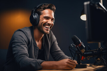 Wall Mural - Young man recording a podcast in studio and having fun