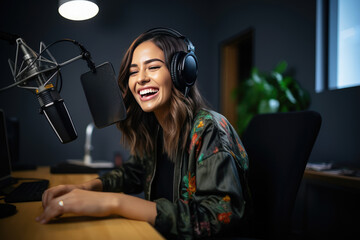 Wall Mural - Young woman recording a podcast in studio and having fun