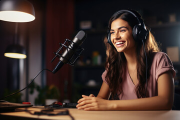 Wall Mural - Young woman recording a podcast in studio and having fun