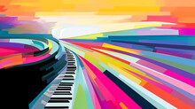 An Abstract, Colorful Depiction Of A Highway Transforming Into A Piano Keyboard, Marrying Travel With Music.