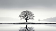  A Black And White Photo Of A Lone Tree In The Middle Of A Field With A Lake In The Foreground.