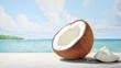  a painting of a coconut and a shell on a beach with a blue sky and ocean in the back ground.