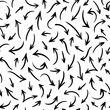 Vector seamless pattern with hand drawn black arrows on white background. Abstract different brush arrows. Collection of chaotic doodle elements for design, Brownian motion concept, textile print.