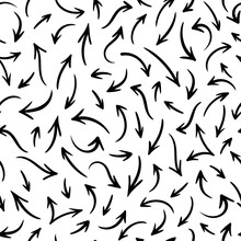 Vector Seamless Pattern With Hand Drawn Black Arrows On White Background. Abstract Different Brush Arrows. Collection Of Chaotic Doodle Elements For Design, Brownian Motion Concept, Textile Print.