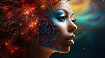 Poster -  a digital painting of a woman's face with her hair blowing in the wind and stars in the background.