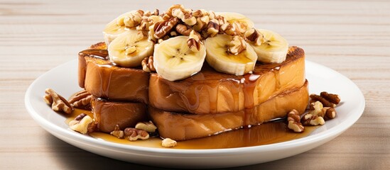 french toast with bananas, walnuts, and maple syrup.