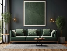 Green Wall Background, Minimalist Sofa, Marble Pattern Wooden Sofa, Grey Carpet, Poster, Lamp And Frame