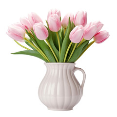 Beautiful pink tulip flowers in a vase isolated on white or transparent background, png clipart, design element. Easy to place object on any other background.