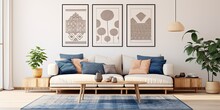 Cozy Living Room Interior With Mock-up Poster Frame, Modular Sofa, Blue Pillows, Wooden Coffee Table, Patterned Rug, Beige Wall, And Personal Accessories, Creatively Composed. Home Decor Template.