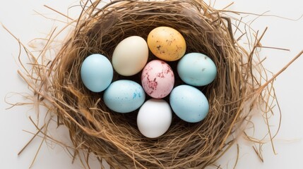 Sticker -  a bird's nest filled with eggs on top of a white table next to a pile of dry grass.