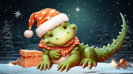 Wall Mural -  a green alligator wearing a santa hat and scarf sitting in the snow with a gift box and a christmas tree in the background.