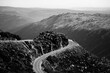The Serra da Estrela in Portugal, a winding mountain road. Black and white photo.