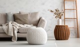 Fototapeta  - Interior design, detail of bright sofa with pillows and a warm blanket