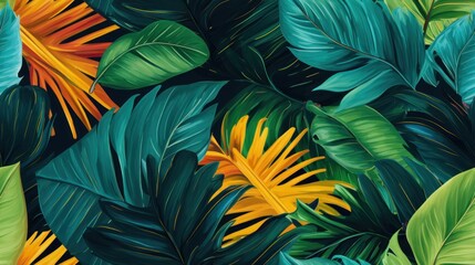 Canvas Print -  a close up of a bunch of green and yellow tropical leaves on a black background with yellow and green leaves.