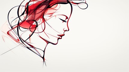 Wall Mural -  a drawing of a woman's face with her eyes closed and her hair blowing in the wind, on a white background.