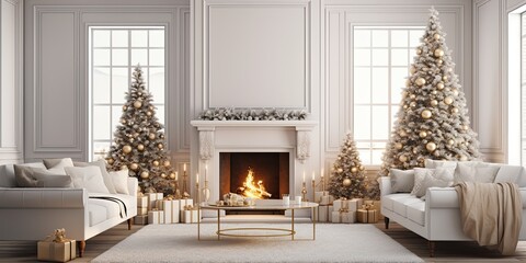 Wall Mural - A stunning, contemporary room adorned with a Christmas tree, fireplace, and soft, bright decor.