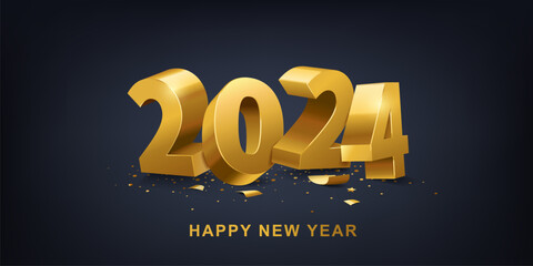 Wall Mural - Happy New Year 2024. Golden 3D numbers with confetti on a dark blue background. Holiday greeting card design.
