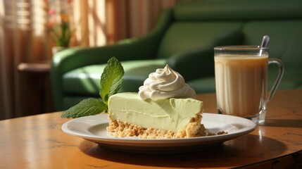 Poster -  a piece of pie on a plate next to a glass of milk and a cup of coffee on a table.