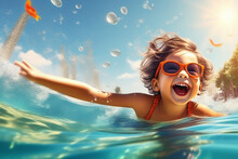Close-up Of A Happy Boy Swimming And Diving Underwater, Child Having Fun At Sea In Summer. Active Healthy Lifestyle, Water Sports And Swimming Lessons On Summer Holidays With A Child.