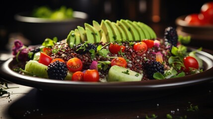 Sticker -  a close up of a plate of food with kiwi, tomatoes, grapes, and avocado on it.