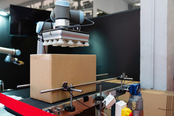 Poster - Robot arm moves box in an automatic warehouse