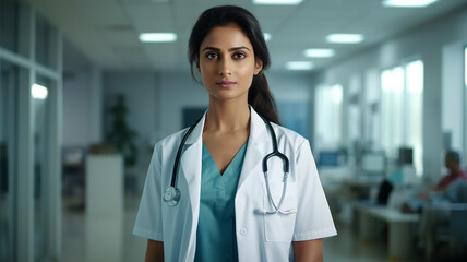 Wall Mural - Portrait of female doctor with stethoscope standing in hospital corridor