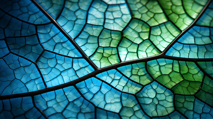 A close-up of a horseradish leaf with a mosaic pattern of cells and veins, featuring a blue-green tinted background and an abstract nature structure, perfect for wallpaper with a vegetable theme.