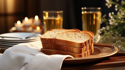 Wall Mural -  a plate topped with slices of bread next to a glass of wine and a plate with a napkin on it.