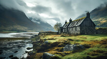 Epic Scottish Landscape With Stone Made Cottages, Grey Sky, Mountains, River And Green Fields