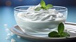  a close up of a bowl of yogurt on a plate with a mint sprig on the side.
