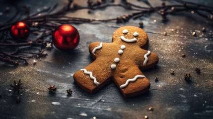  a couple of ginger cookies sitting on top of a table next to a red ornament and a red ornament.