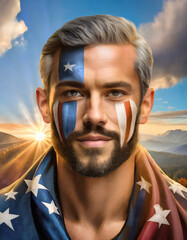 Poster - A man with American flag colors painted on his face - we are all Americans